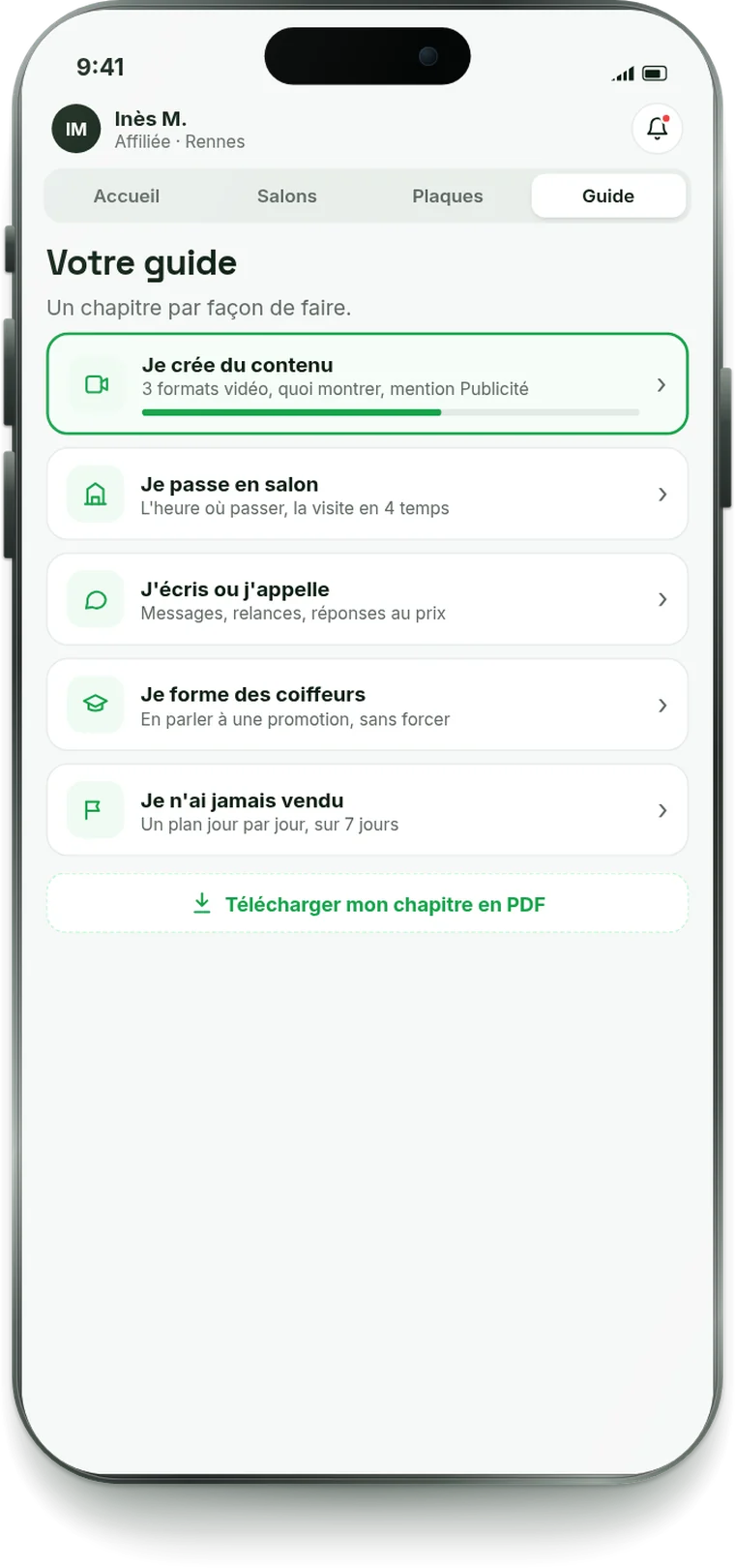 Onglet Guide de l'espace parrain : un chapitre par profil et le PDF à télécharger
