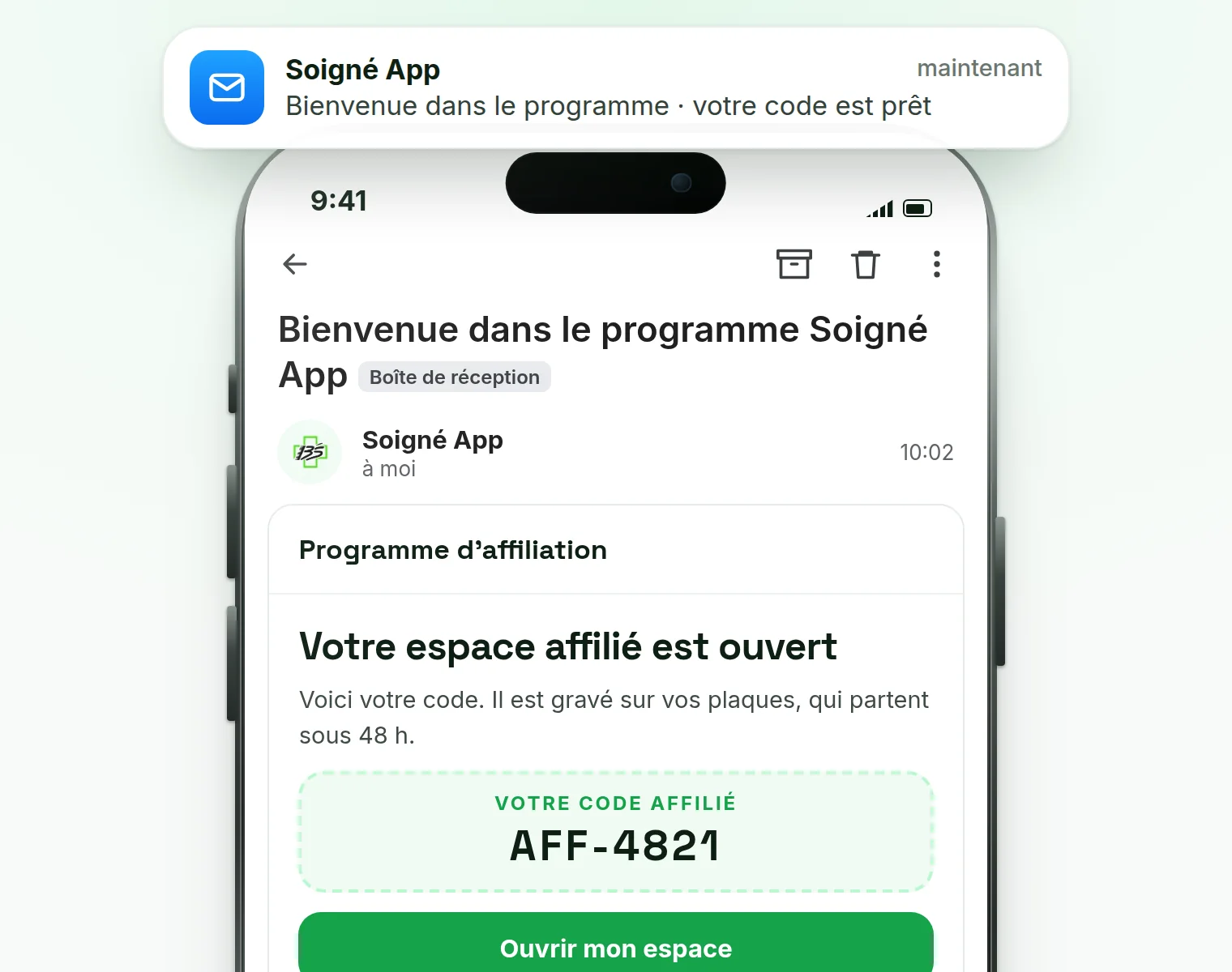 L'email de bienvenue avec le code de parrain et le bouton pour ouvrir son espace