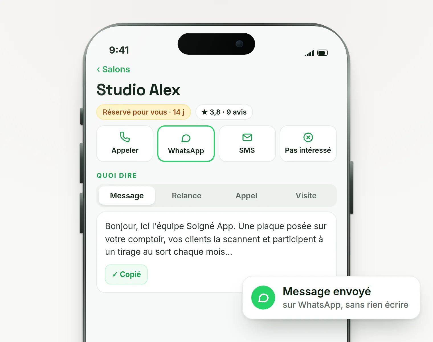 La fiche d'un salon réservé, avec le message envoyé sur WhatsApp