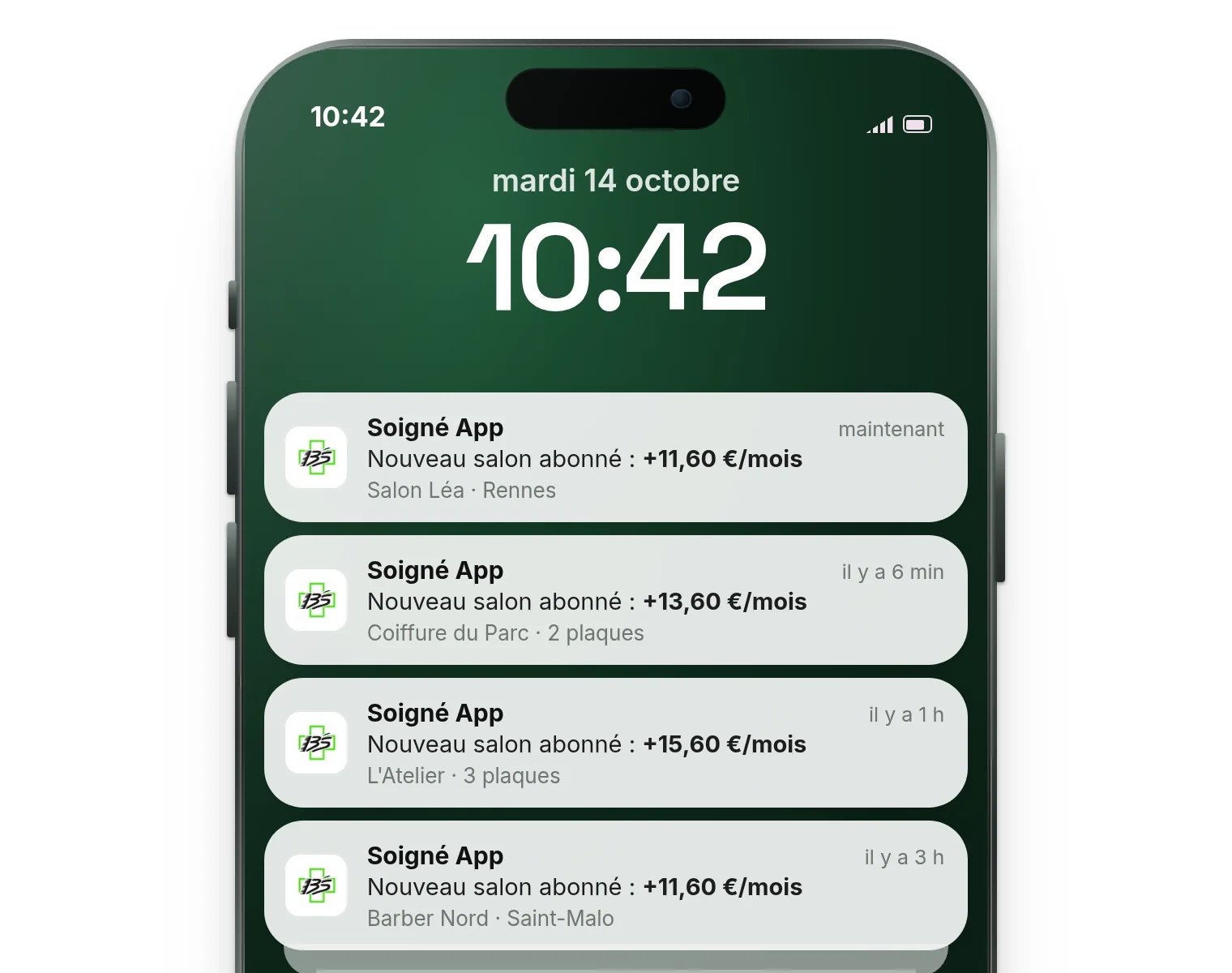 Écran verrouillé : commissions du mois et notifications de nouveaux salons abonnés