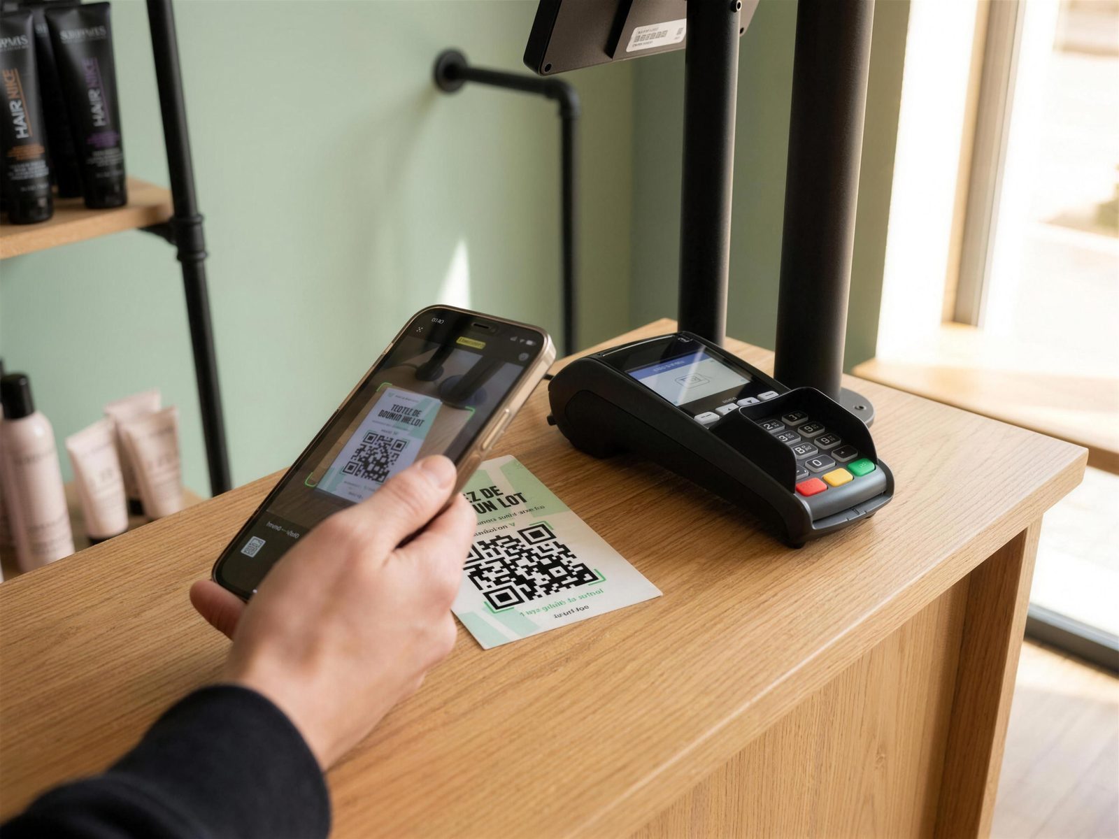Client scannant le QR Soigné App sur le comptoir d'un salon