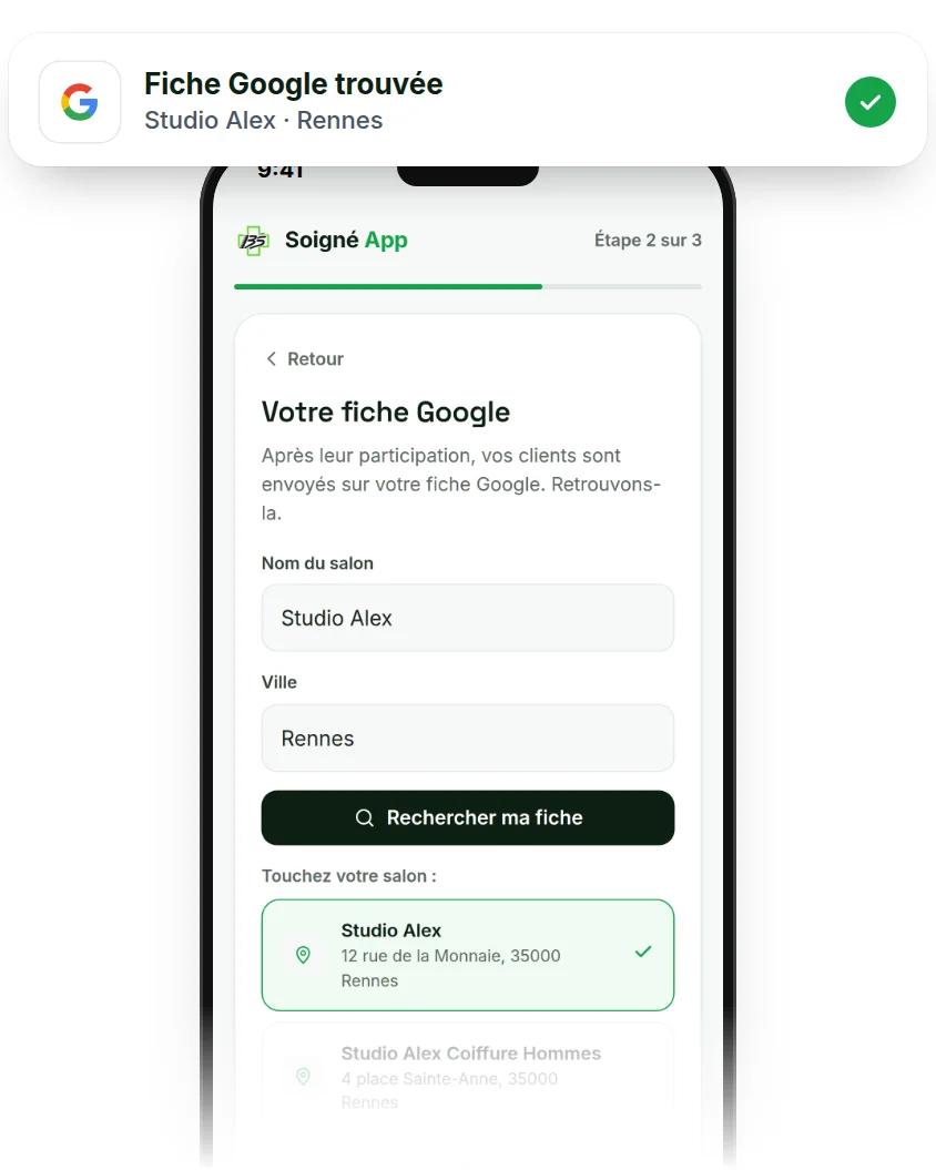 La fiche Google du salon retrouvée à partir de son nom et de sa ville