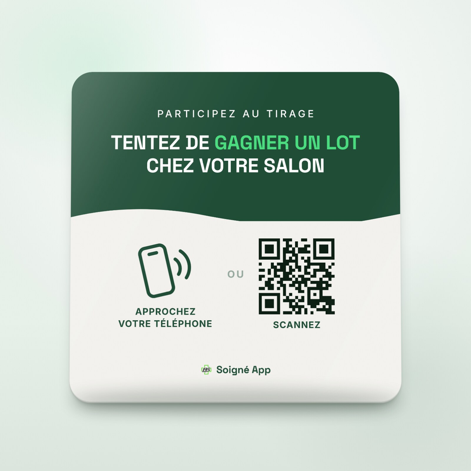 Plaque Soigné App 8 × 8 cm, puce NFC et QR code