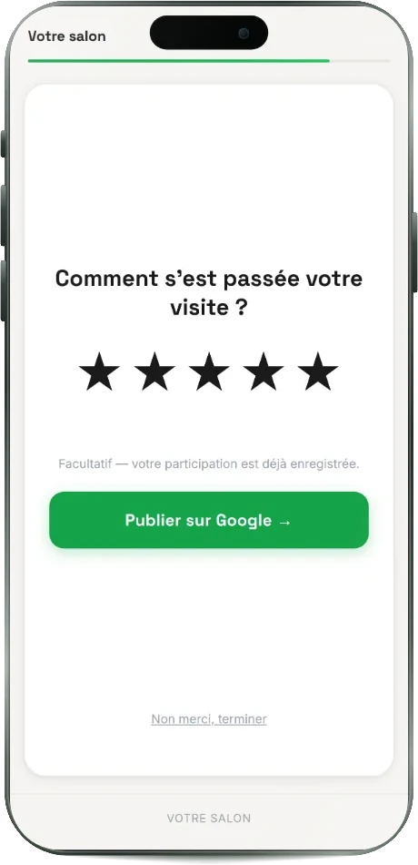 L'écran où le client note sa visite, avec le bouton Publier sur Google