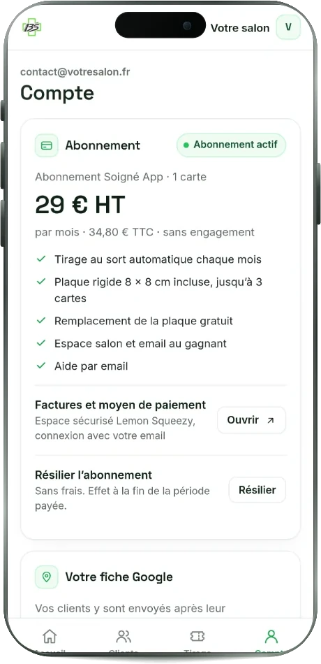 L'écran Compte de l'espace salon : abonnement, factures, résiliation