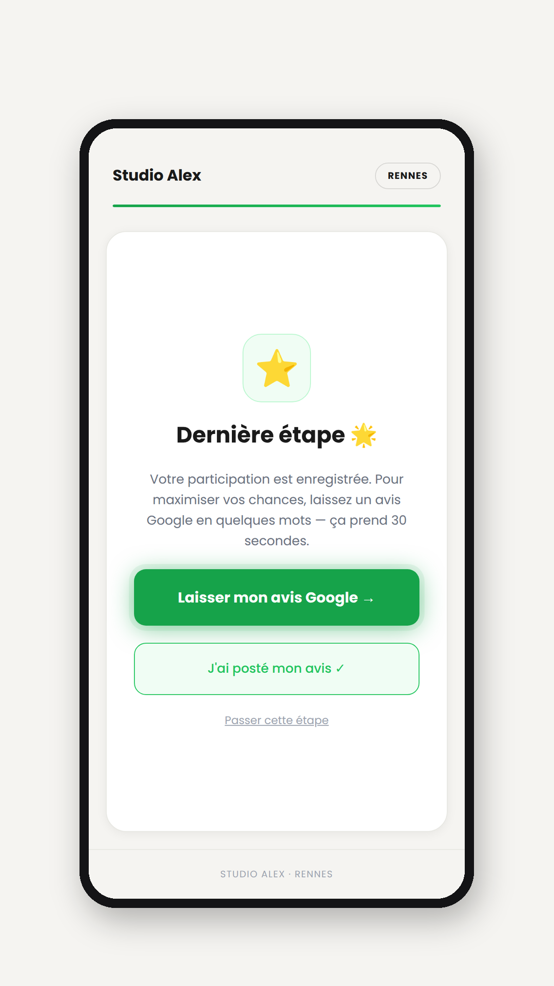 &Eacute;cran de redirection vers l&rsquo;avis Google